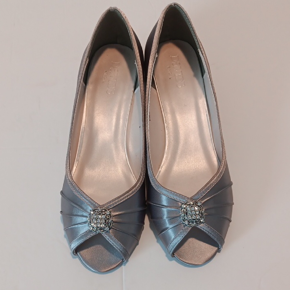 David's Bridal "Kelsey" Size 10 Silver Peep-Toe Wedge Heels